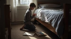 A student kneeling beside their bed in prayer before school books.