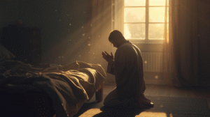 Early morning prayer at sunrise for peace and strength