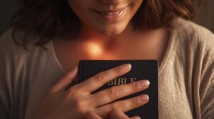 A person holding a Bible close to their heart, symbolizing comfort in God’s Word.