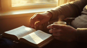 Adult morning prayer with Bible and sunlight.