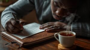 Morning devotional setup for widows seeking peace and reflection.”tea.