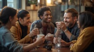Morning Prayers For Spouse & Family: Friends sharing conversation over coffee, symbolizing healthy connection.